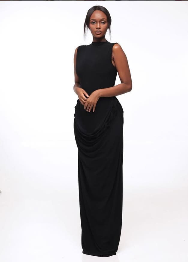 STW draped column gown, black.